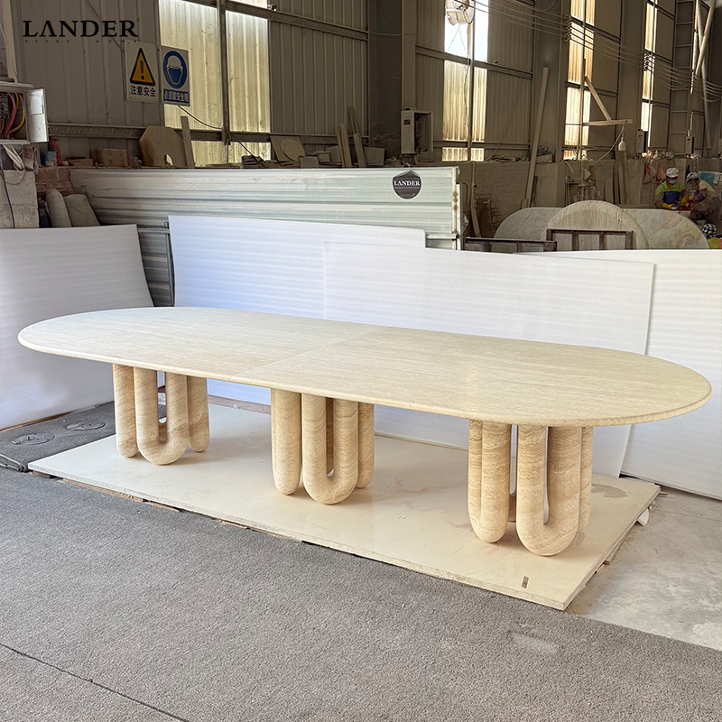 Beige Travertine Oval Marble Dining Table
