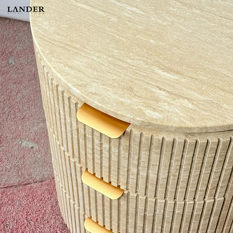 Beige Travertine Side Table With Three Drawers