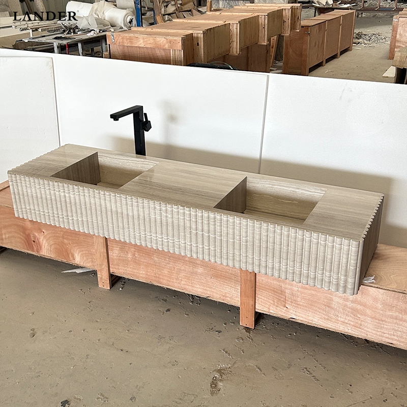 Beige Travertine Marble Floating Double Sinks