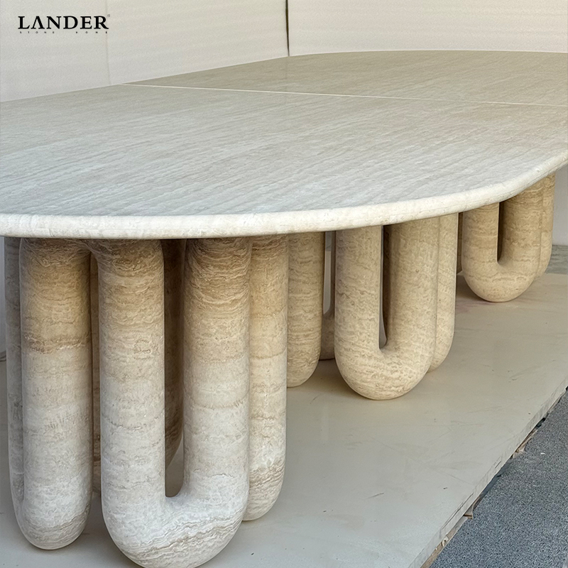 Beige Travertine Oval Marble Dining Table