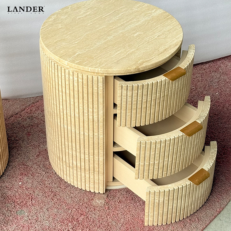 Beige Travertine Side Table With Three Drawers