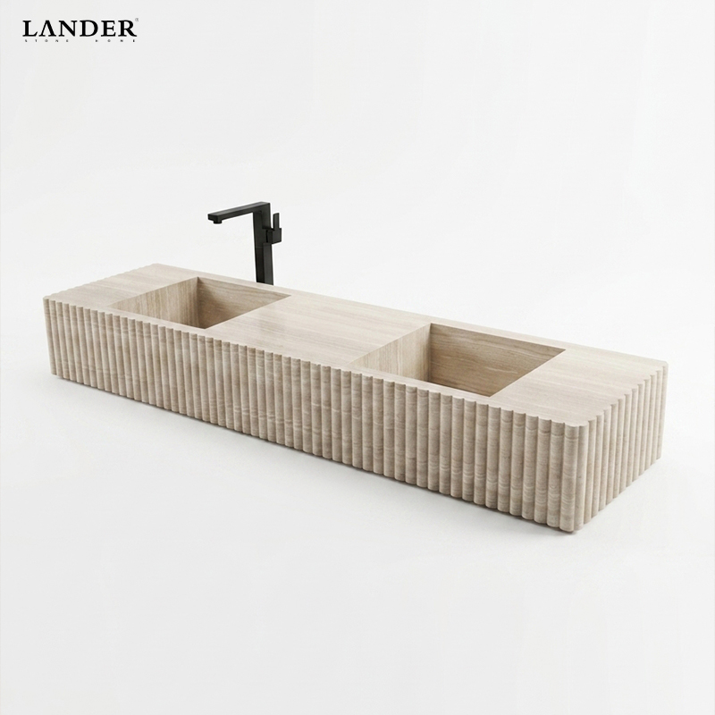 Beige Travertine Marble Floating Double Sinks