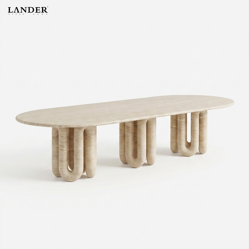 Beige Travertine Oval Marble Dining Table