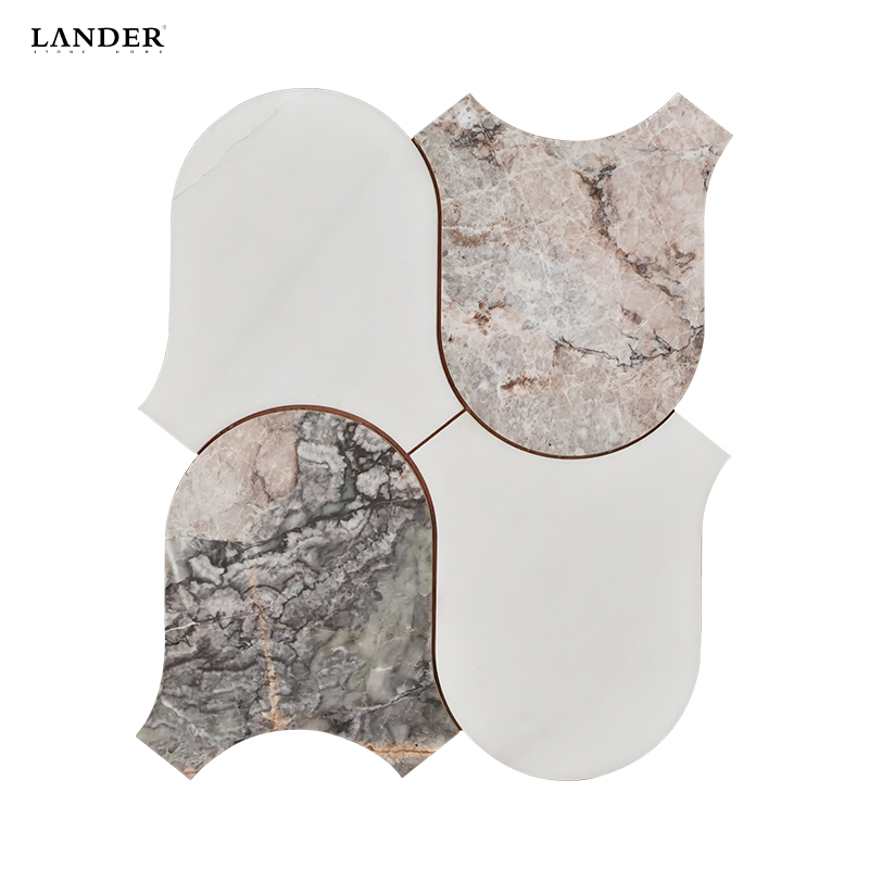 Afyon Pink and Bianco Carrara Wave Marble Thin Flooring