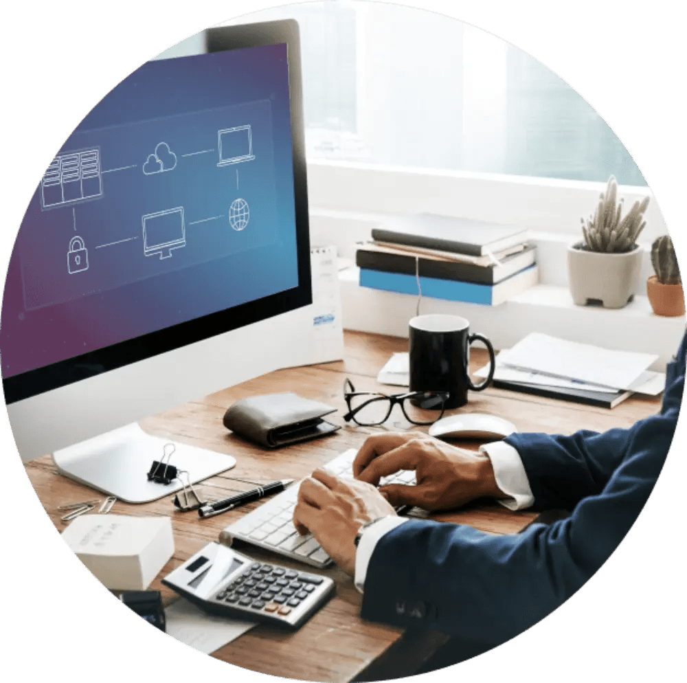 Person working on computer with network.