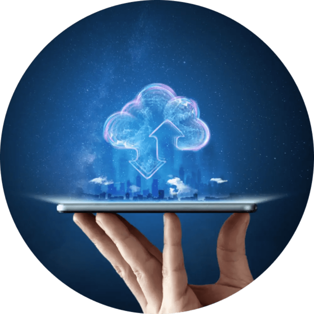 Hand holding tablet with cloud icons