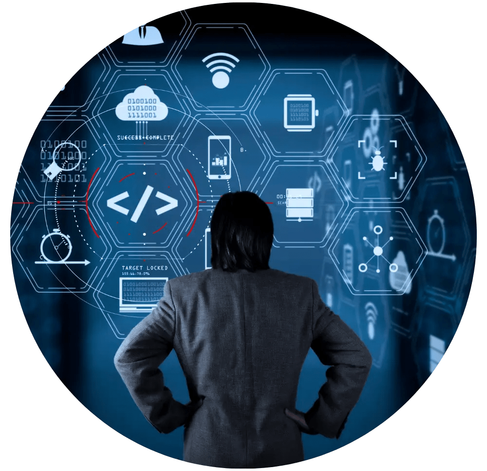 Person analyzing virtual technology icons