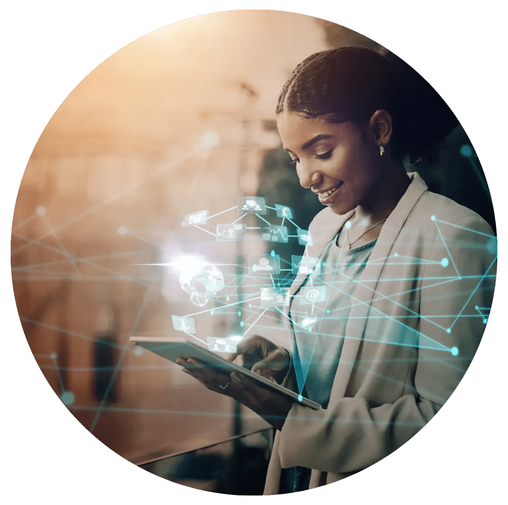 Woman using tablet with digital network graphics