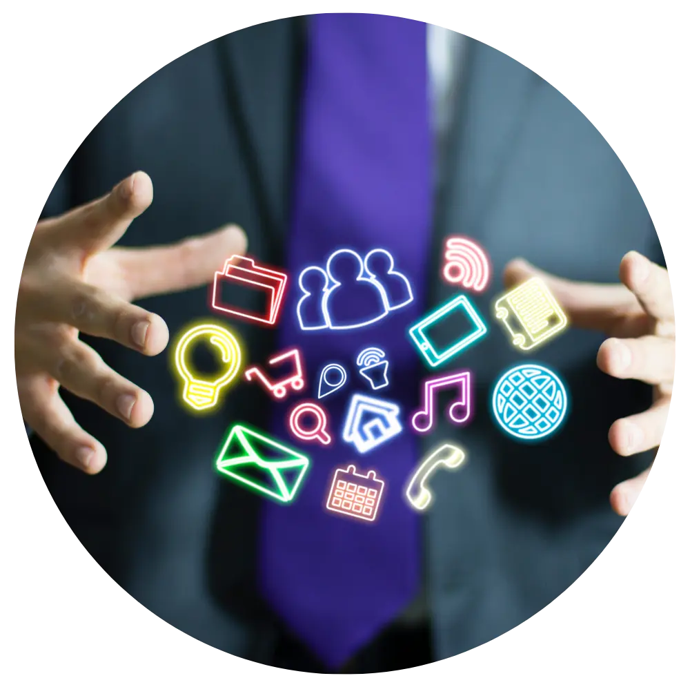 Business person with floating icons