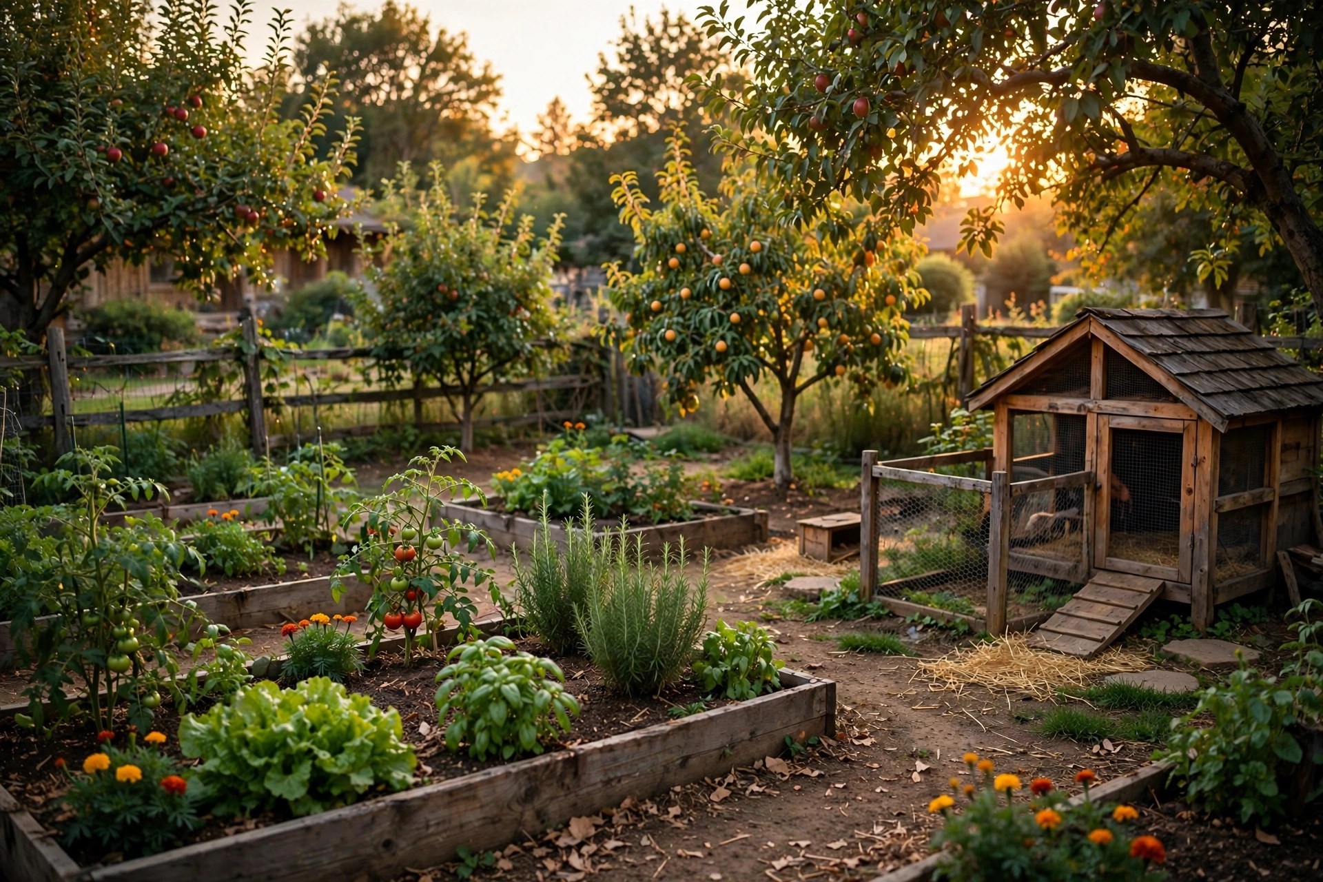 A backyard homestead with raised beds and a chicken coop glowing at golden hour