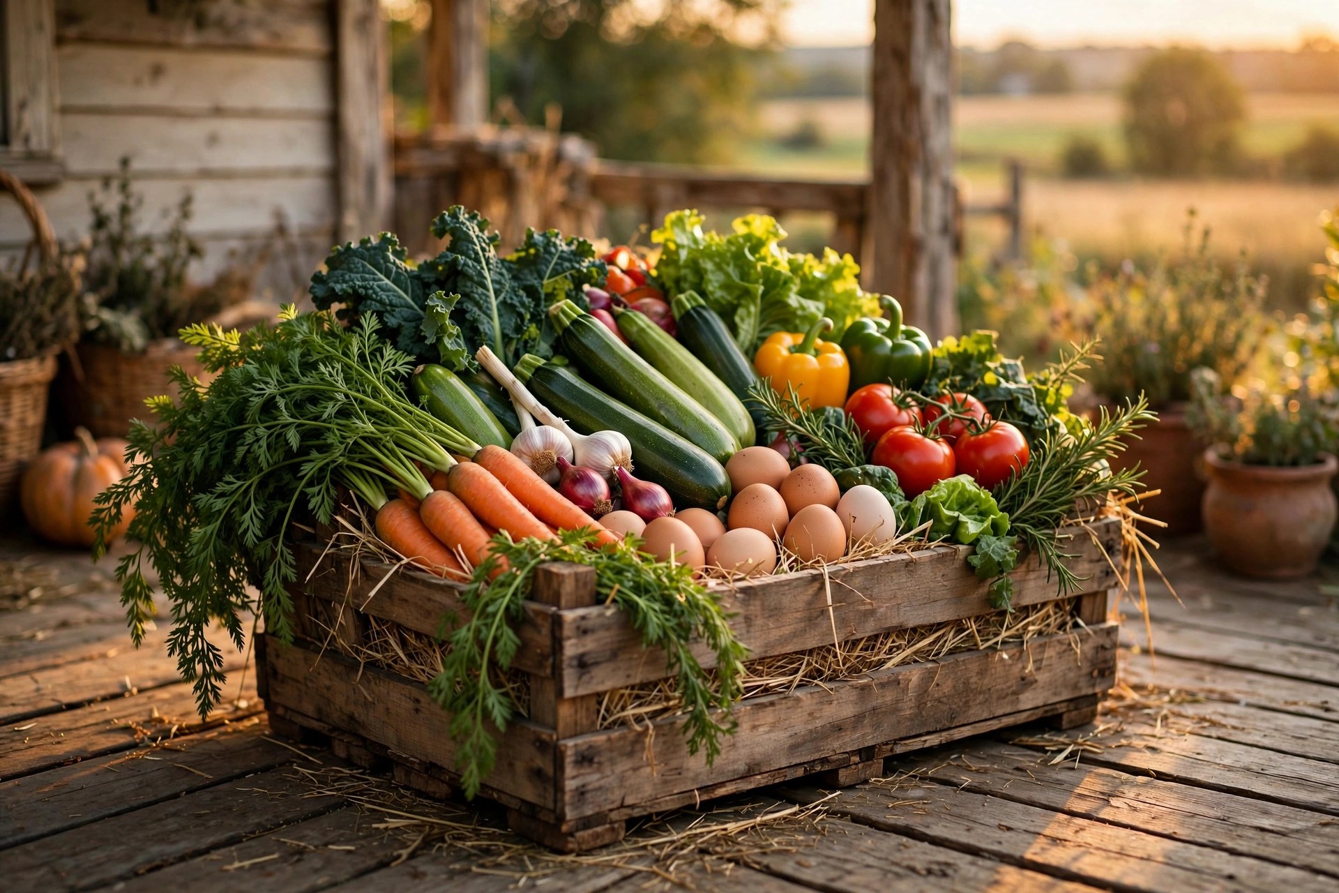 A wooden crate of harvested vegetables and fresh eggs on a table