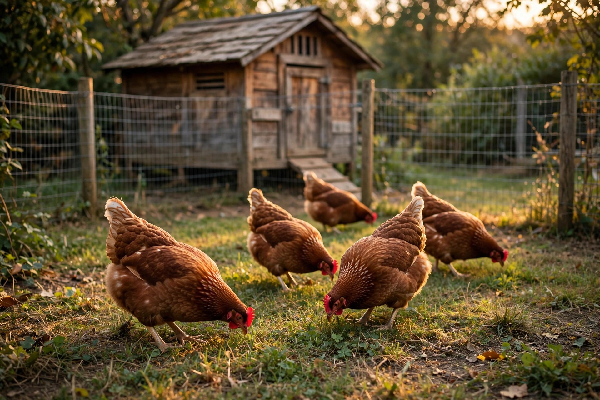 Hens pecking and scratching in a grassy fenced chicken run