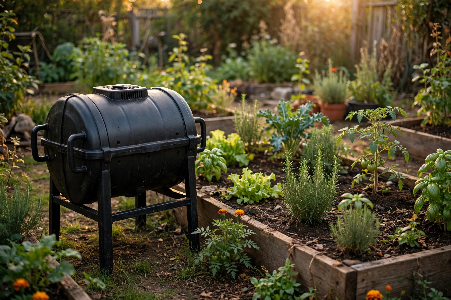 A compost tumbler drum sitting beside raised beds in a garden