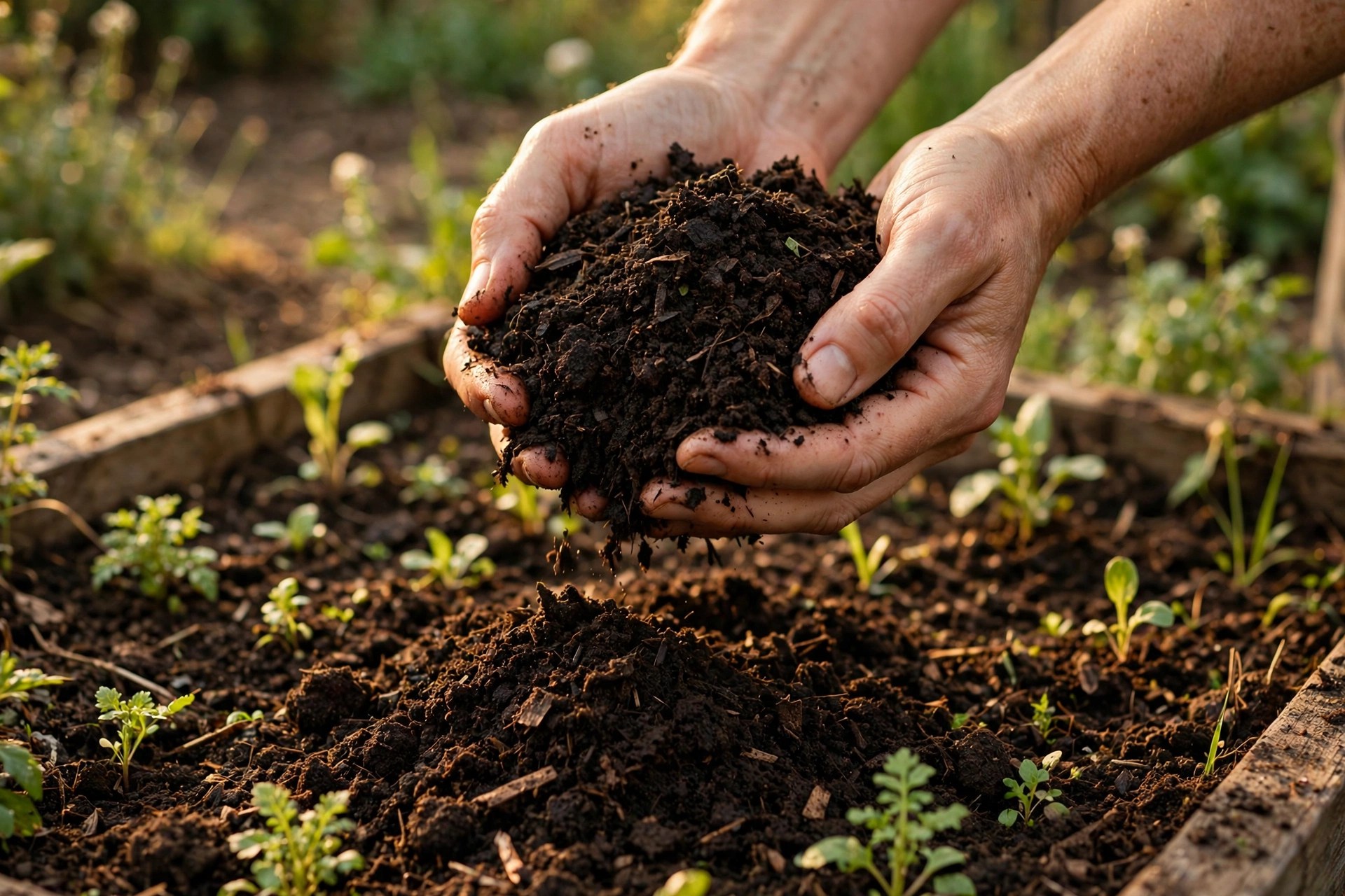 Hands holding a scoop of dark finished compost over a garden bed