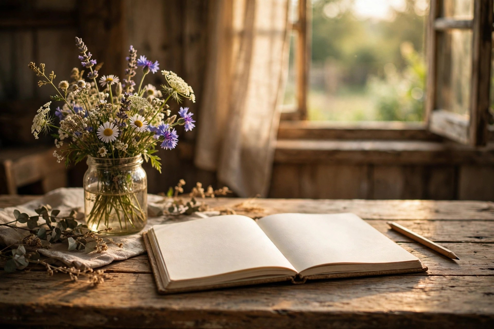 A farmhouse desk with an open notebook, pencil and a small potted plant