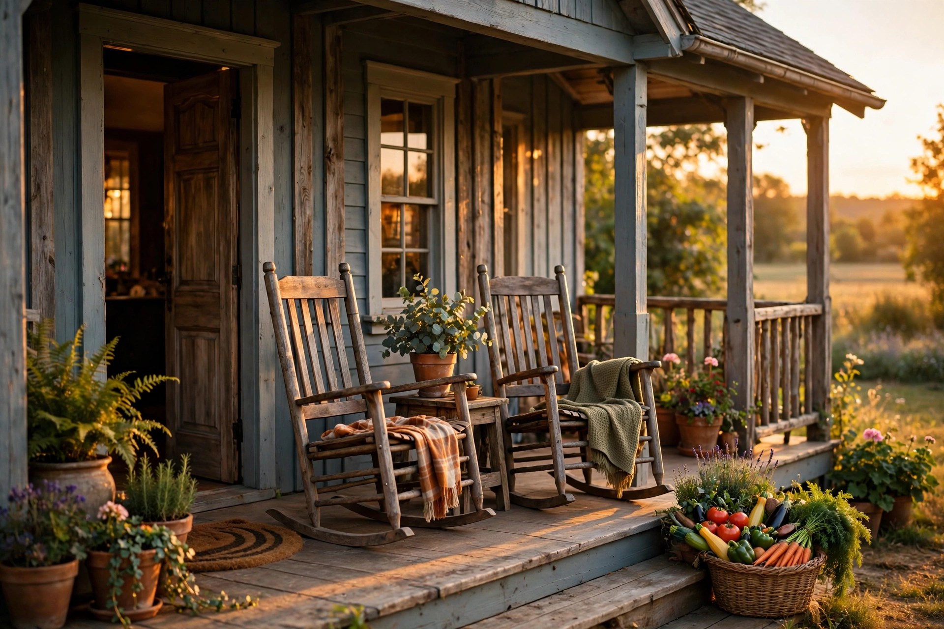 A farmhouse porch at golden hour with rocking chairs and potted plants