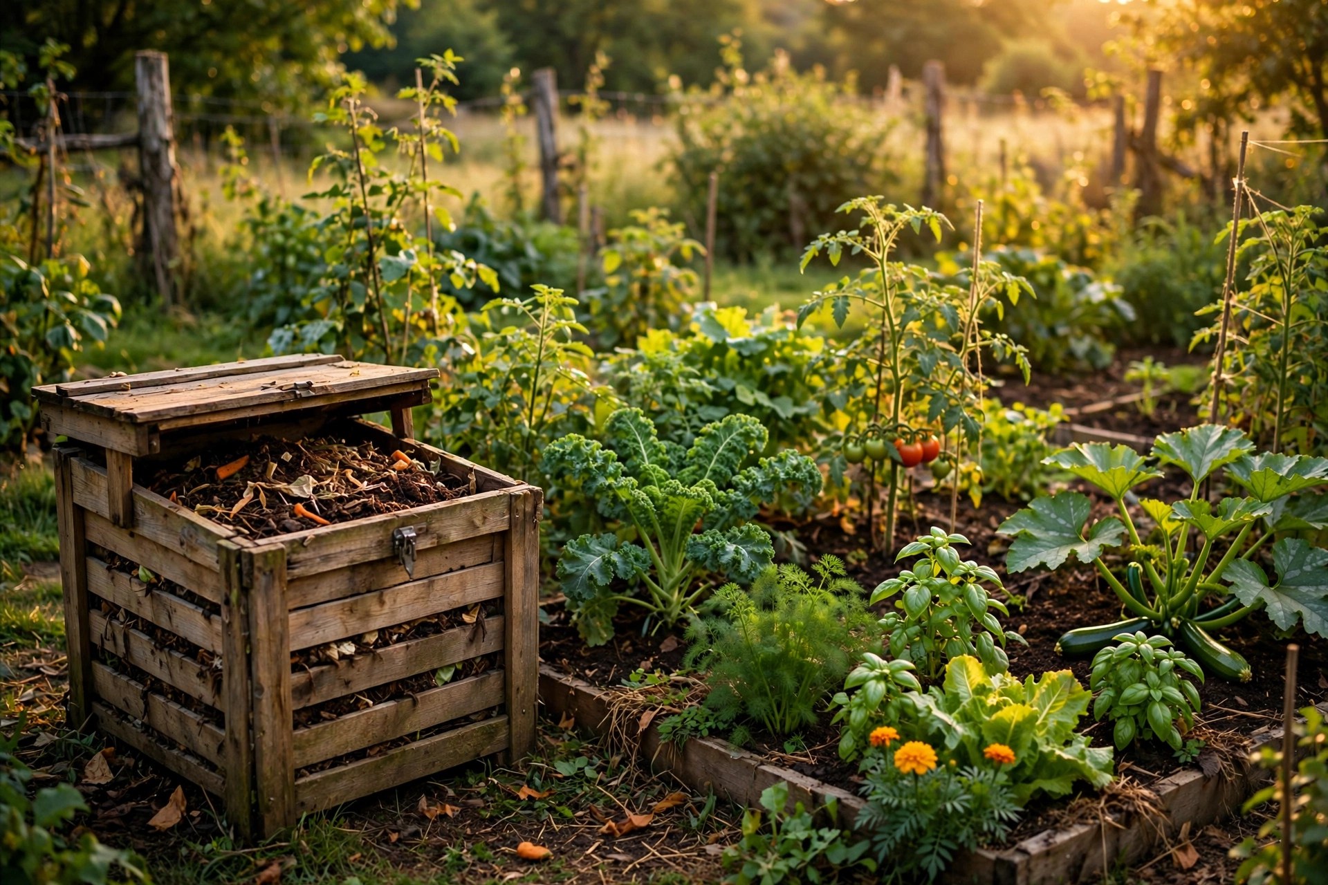A compost bin beside a lush vegetable garden in the afternoon sun