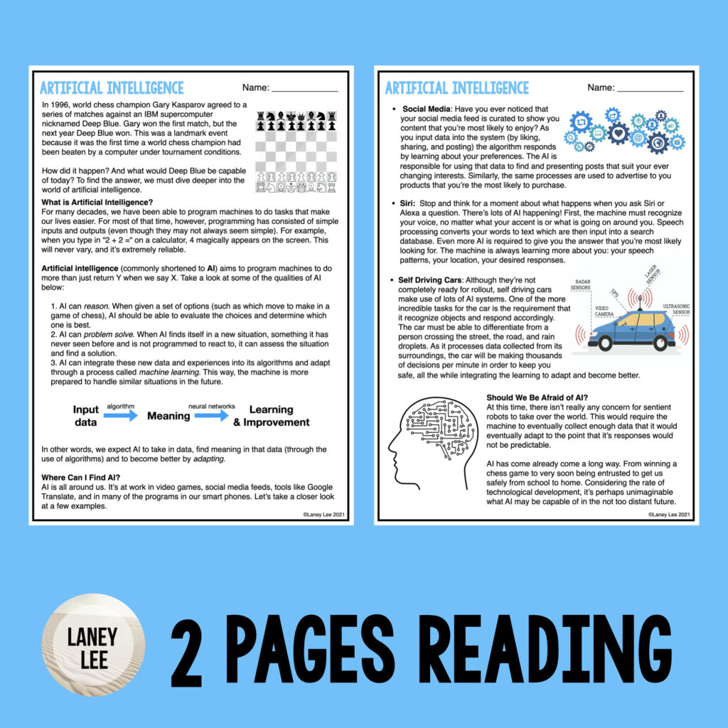 Artificial intelligence- reading comprehension worksheets