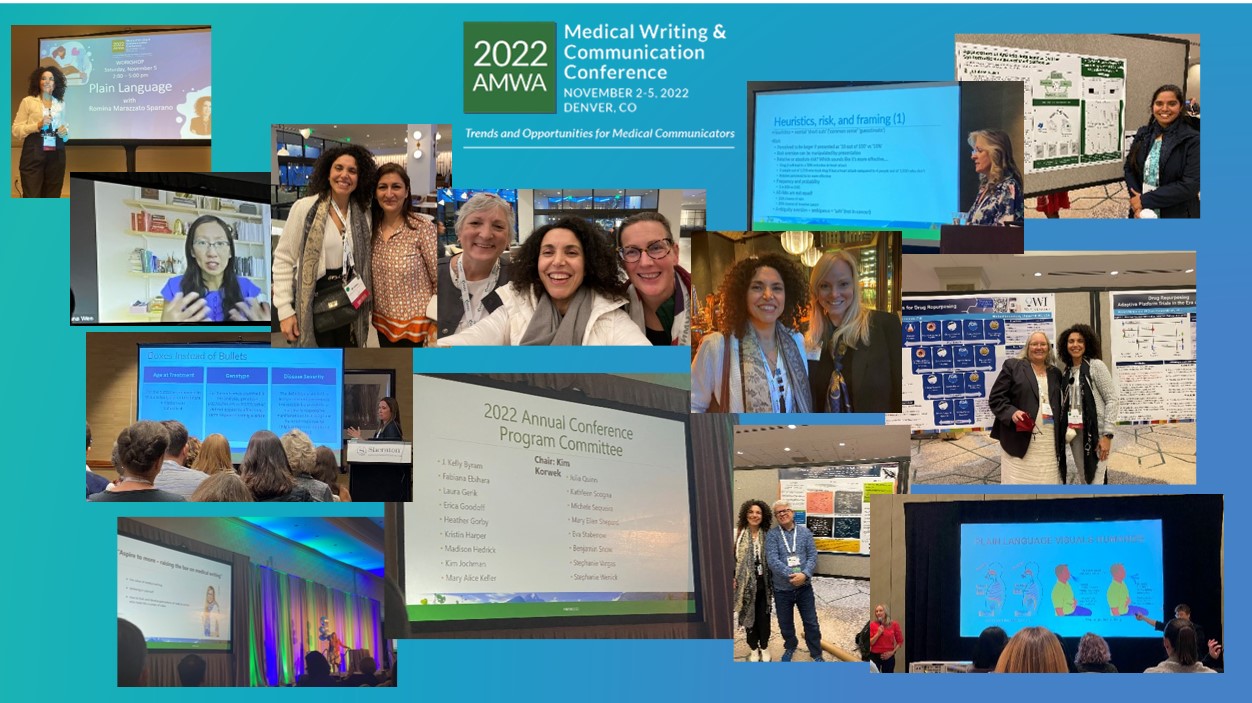 From top left to bottom right: Romina Marazato Sparano during Plain Language Workshop; Dr. Leane Wen during Alvarez Award Address; Susan Aiello, Romina Marazzato Sparano, and Eva Stabenow in conference hotel lobbyLisa Chamberlain during her workshop on Lay Summaries; Pratima Labroo during poster session; ; Romina Marazzato Sparano and Susan Krug after VIP Reception; Teresa McNally and Romina Marazzato Sparano during poster session; Laurie LaRusso during her session on Graphics for Medical Writers; Julia Forjanic Klapproth after Swanberg Award Address; list of program committee members projects on the screen; Mark Hagerty and Romina Marazzato Sparano during poster session; Liz Proper and Mary M. L. Curtis during her session on Visuals for Patient Education.