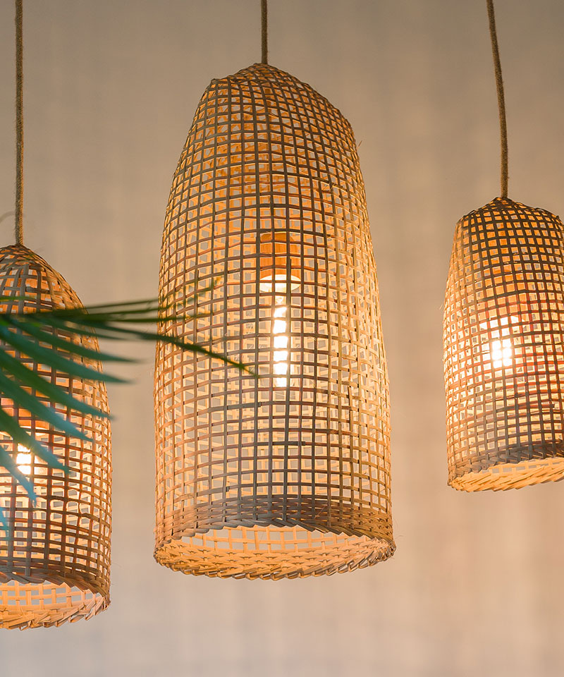 Repurposed woven bamboo trap basket boho light fixture