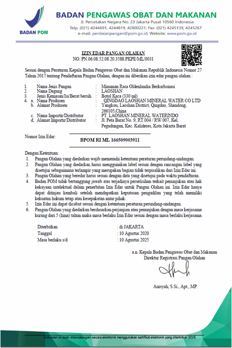 Legal Certificate Pt Laoshan Mineral Waterindo