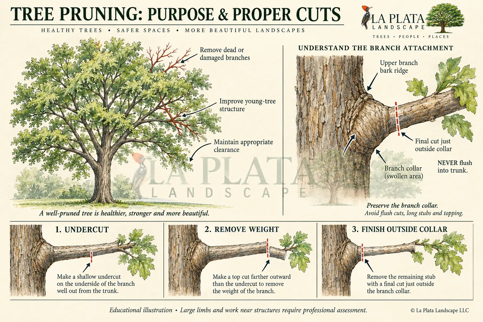 Watermarked educational tree pruning diagram showing selective pruning, branch collar and the three-cut sequence