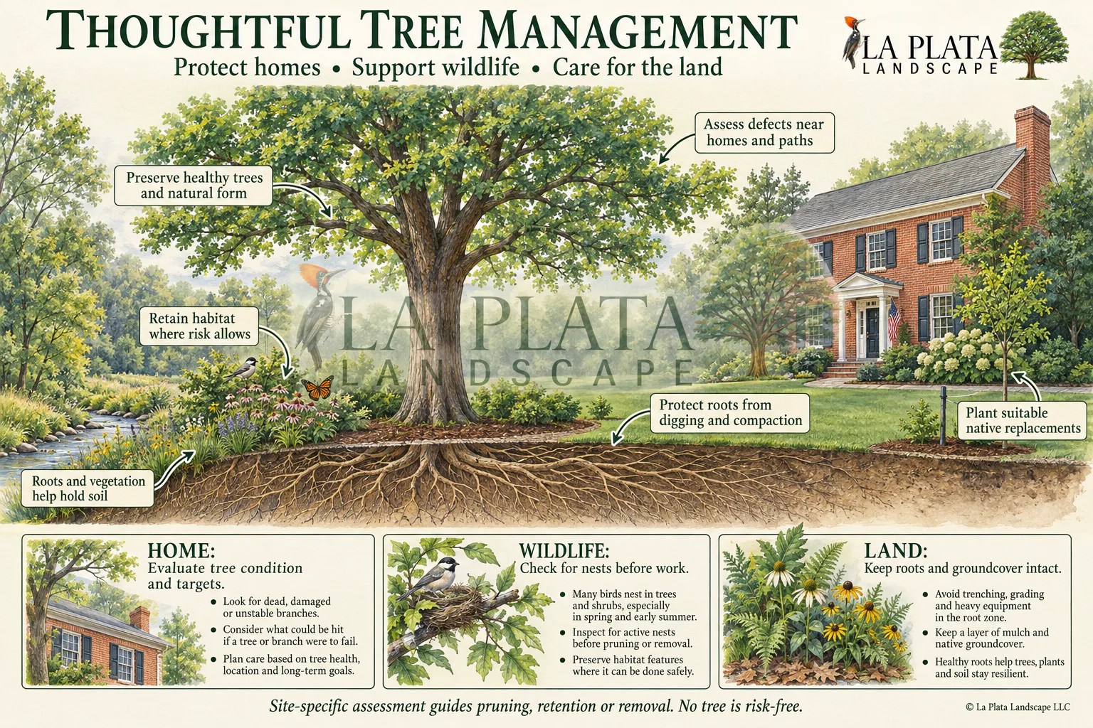 Watermarked tree management illustration connecting home protection, wildlife habitat, root protection and erosion control