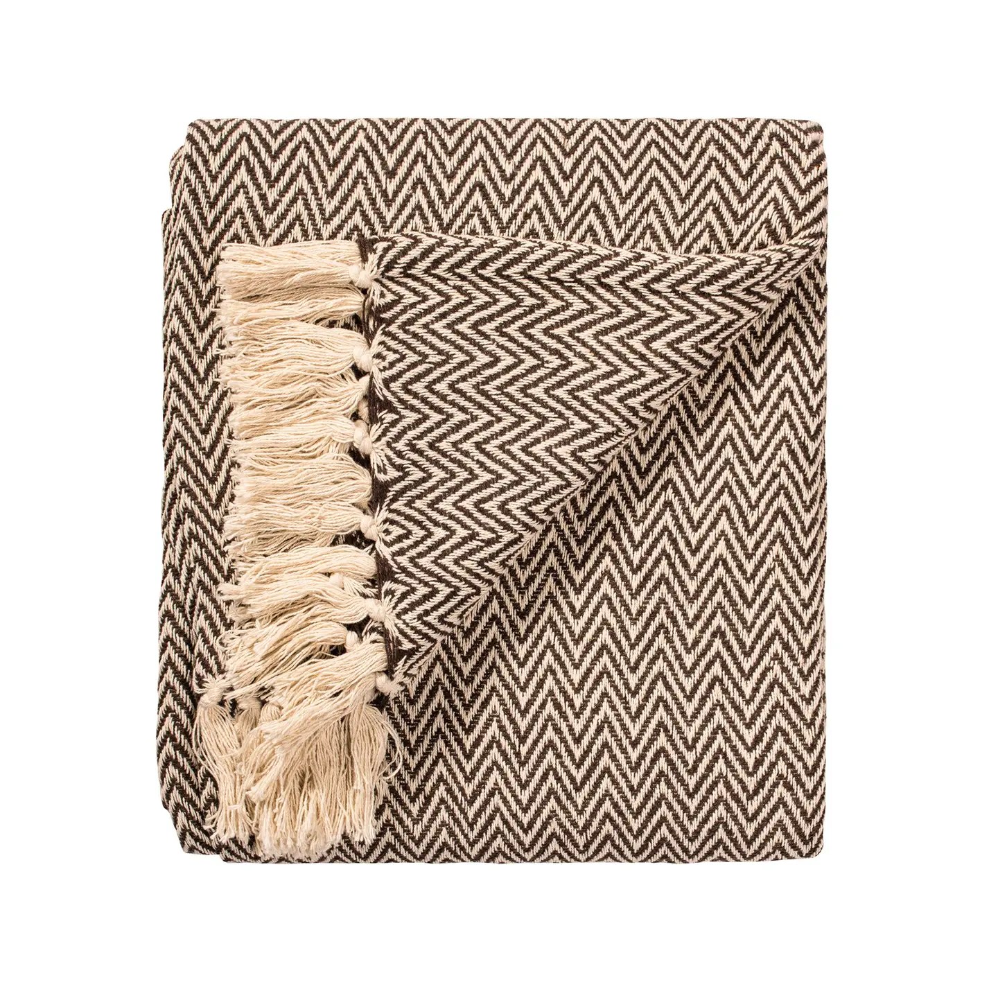 Folded brown and cream chevron, recycled cotton, throw blanket with hand-tied fringe - soft woven home accessory.