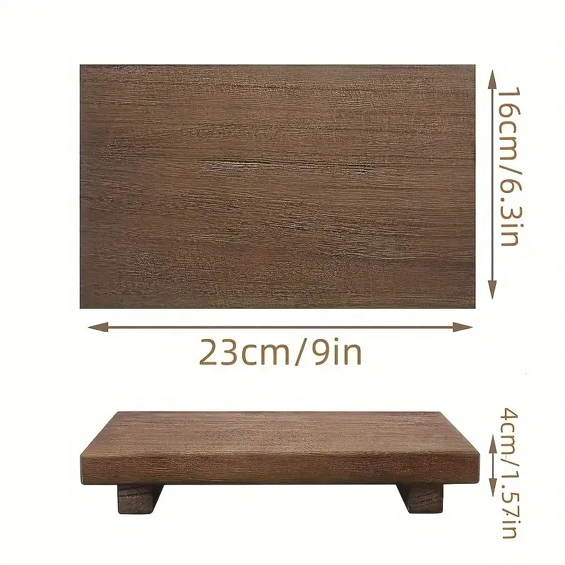 Rustic rectangular wooden serving tray with short legs, measuring 23cm x 16cm x 4cm, perfect for food or decor display.