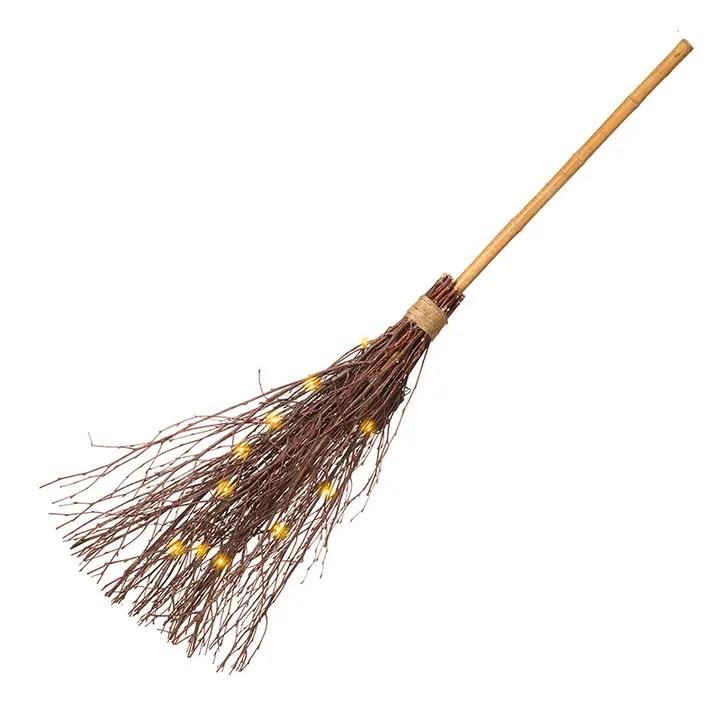 Rustic twig witches broom with glowing LED lights, Halloween decoration