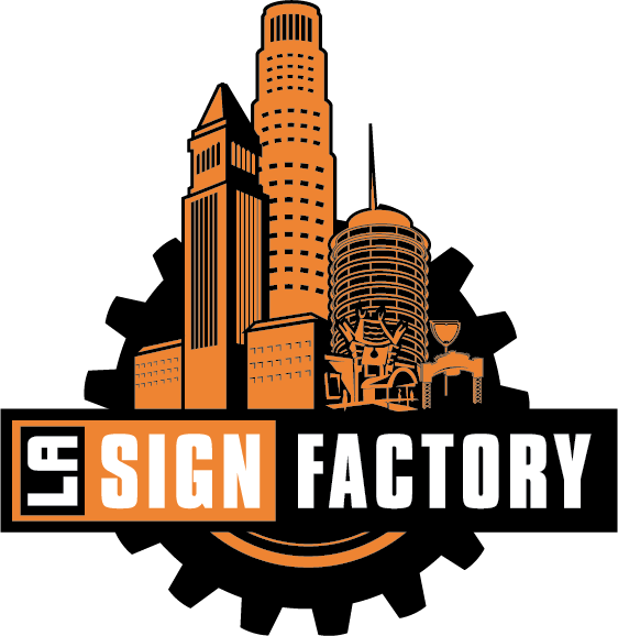 The warehouse is filled with inventory. La Sign Factory Custom Signs Banners Decals Los Angeles