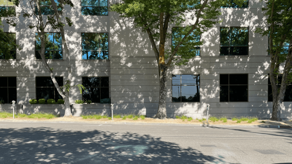 Photograph of street and building.