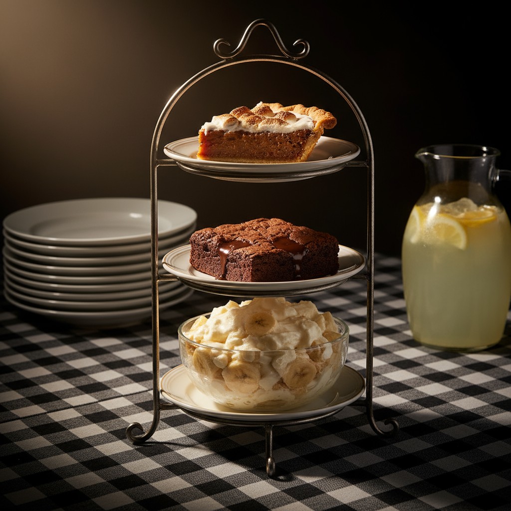A dessert stand displays a stack of allergy-friendly desserts and a pitcher of lemonade. The stand features a metal frame ...