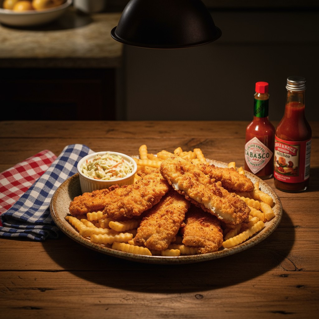 fried fish on plate of crinkle-cut fries with red and blue checkered cloth napkin next to sauces.