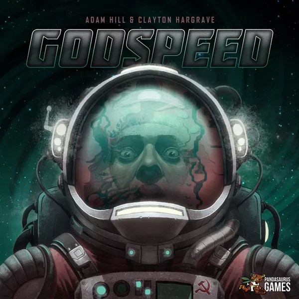 Reseña Godspeed juego de mesa: portada con un astronauta de casco empañado y la hoz y el martillo en el traje