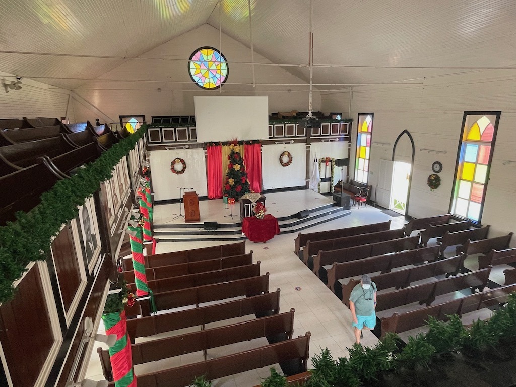 Looking down into the sanctuary as we make our way up to the bellfry.