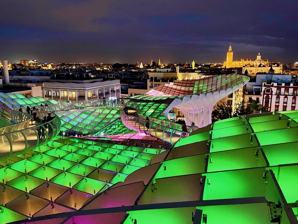 The city skyline, including the Cathedral, from the rooftop walkway