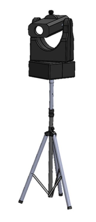 Full spotlight assembly design, including gimbal, outer casing, and tripod stand