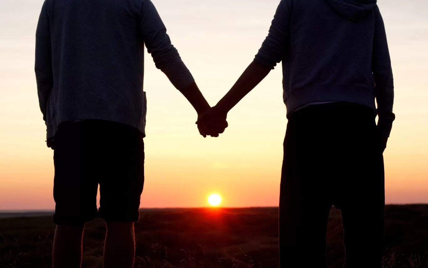 Couple holding hands at sunset
