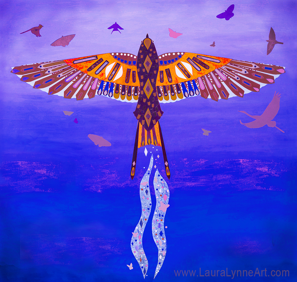 Magical and Colorful Phoenix Bird Illustration Wall Art Print