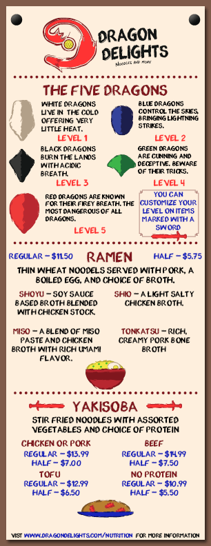 Dragon Delights brand identity menu design mockup showing ramen offerings, dragon-themed spice levels, custom illustrations, and fantasy food truck branding.