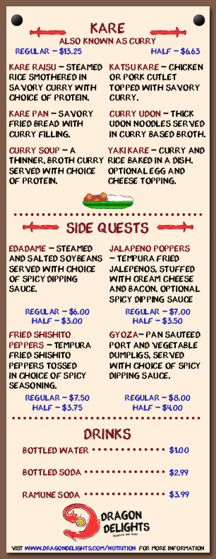 Dragon Delights menu design system mockup featuring curry dishes, side quests appetizers, beverages, and fantasy-inspired restaurant branding elements.