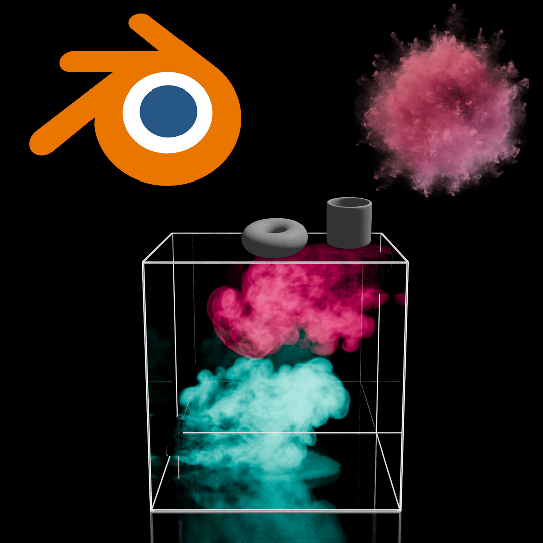 Blender for Motion Graphics showing a colorful powder and smoke simulation used to create dynamic visual effects.