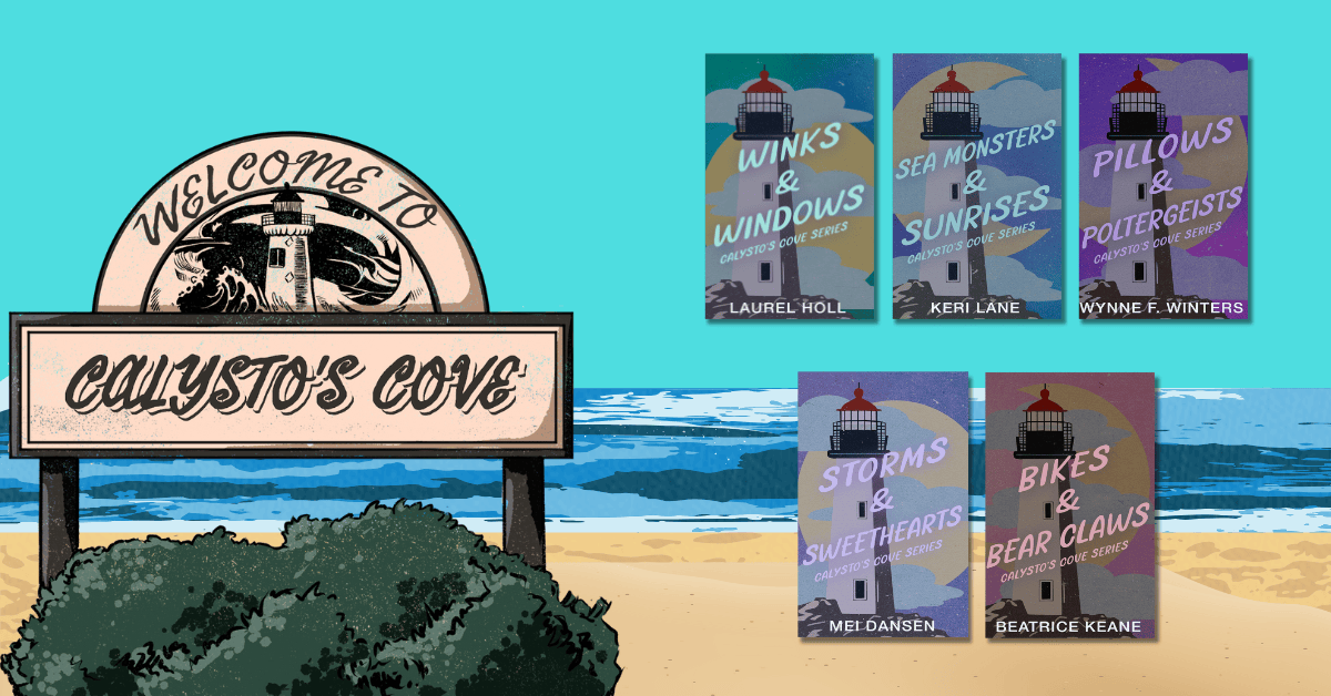An illustration of a sign on a beach featuring a light house that says "Welcome to Calysto's Cove". The image also includes five book covers