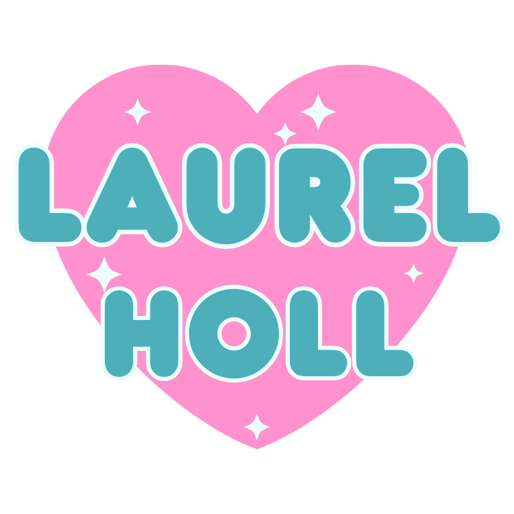 Pink heart with white sparkles and teal text reading LAUREL HOLL