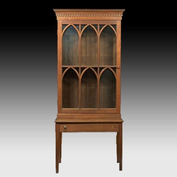 American Gothic Revival Walnut Bookcase-on-Stand