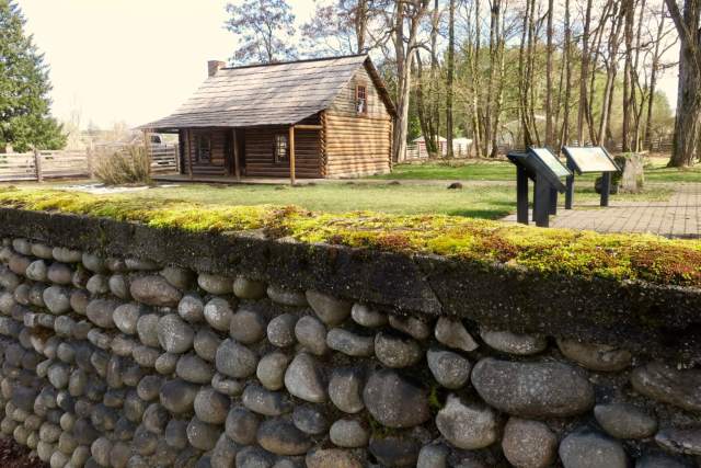 View of the Jackson House from the now-paved road. The house sat hard by the Cowlitz Trail, a major trade route. (Lauren Danner photo)