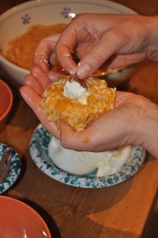 Supplì alla zucca, con alici e burrata