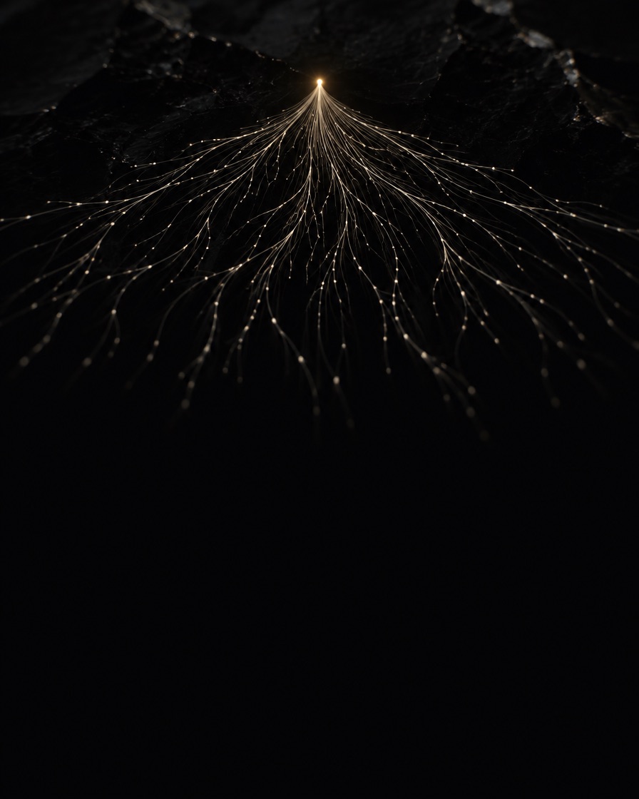A single gold point branches into many illuminated paths across black stone.