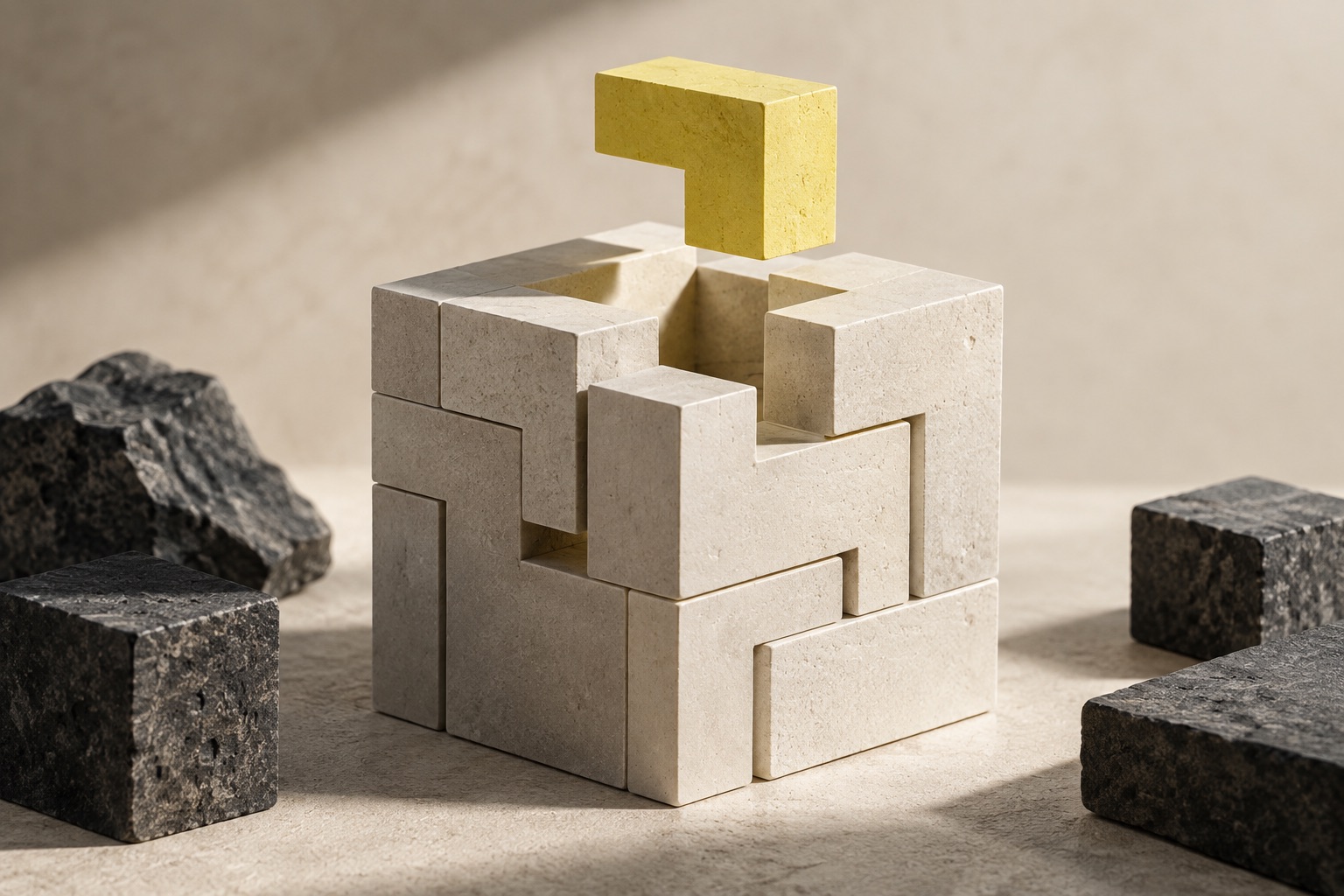 A yellow piece fitting into an ivory modular cube, representing building software with AI.